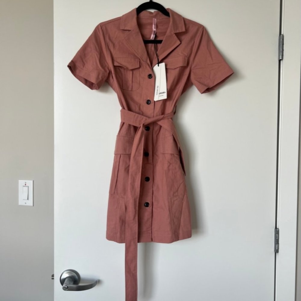 mauve dress, black buttons, and a tie front
